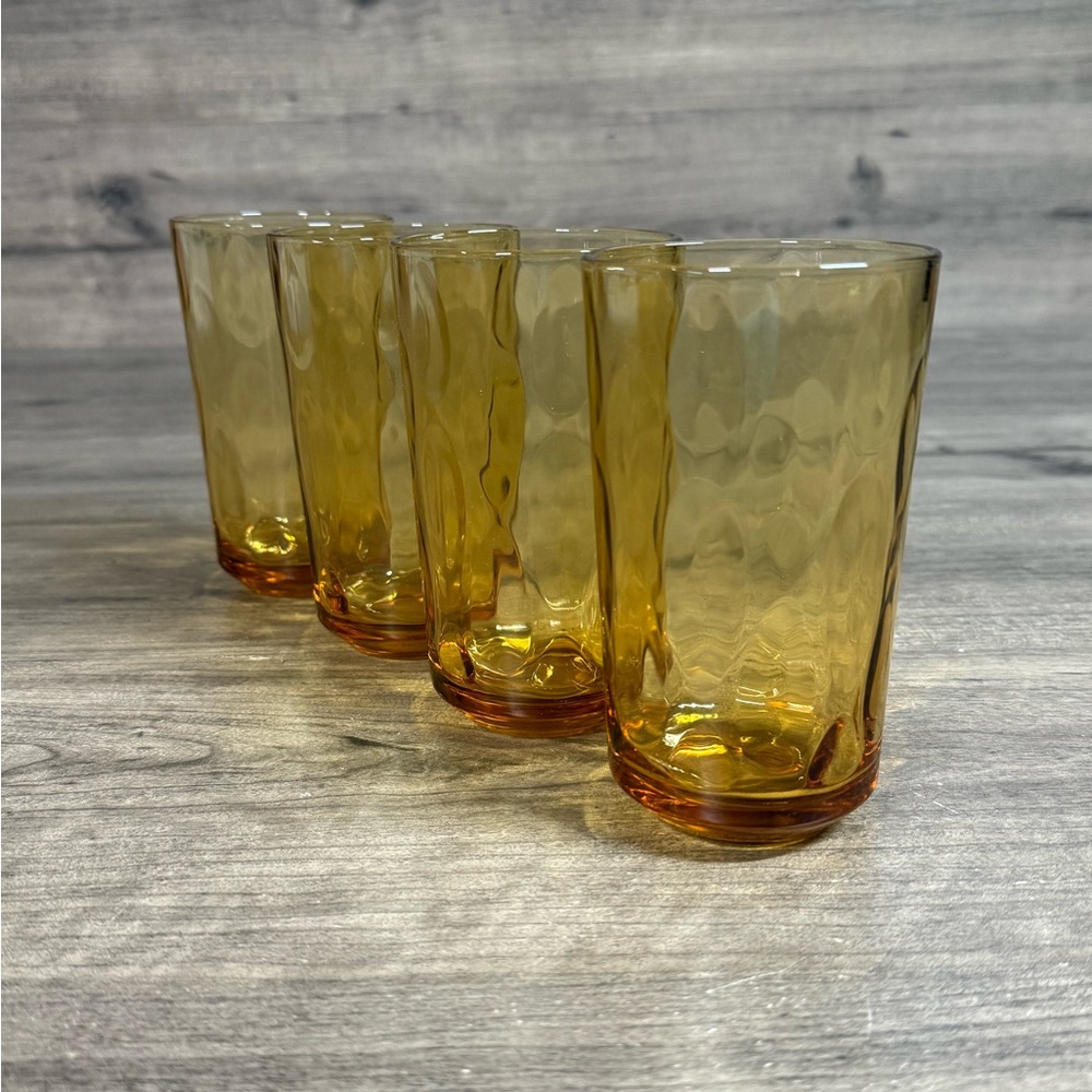(4) Vintage Hazel-Atlas Glasses/Tumblers Eldorado Amber Honey Dot Retro 5”